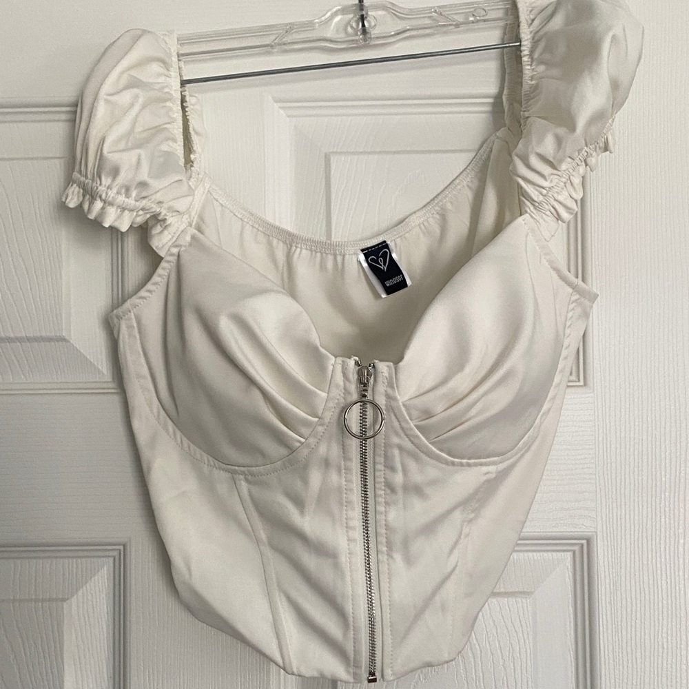 Cream Corset Crop  Top with Puff Sleeves and Padded Bra.